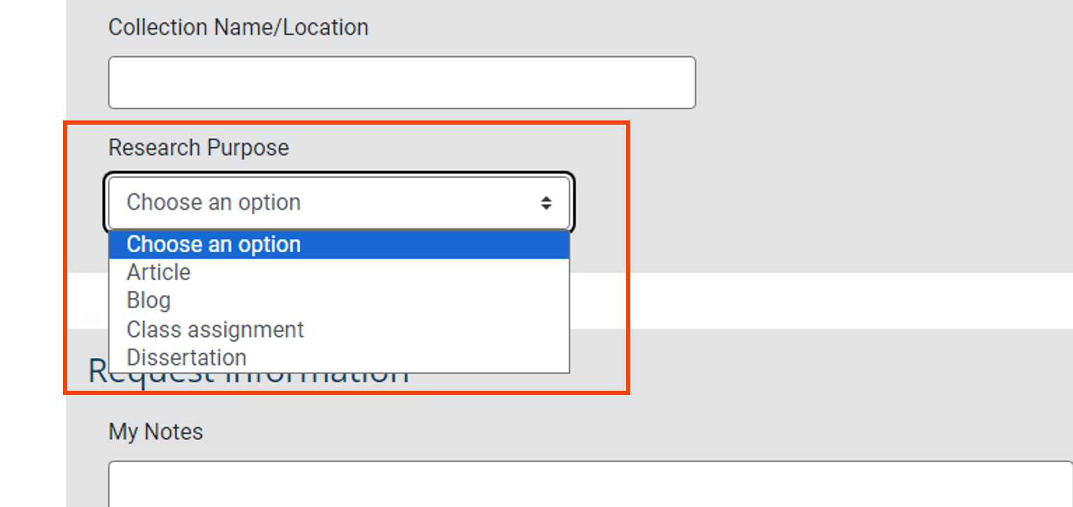 Research Purpose dropdown displayed on web form